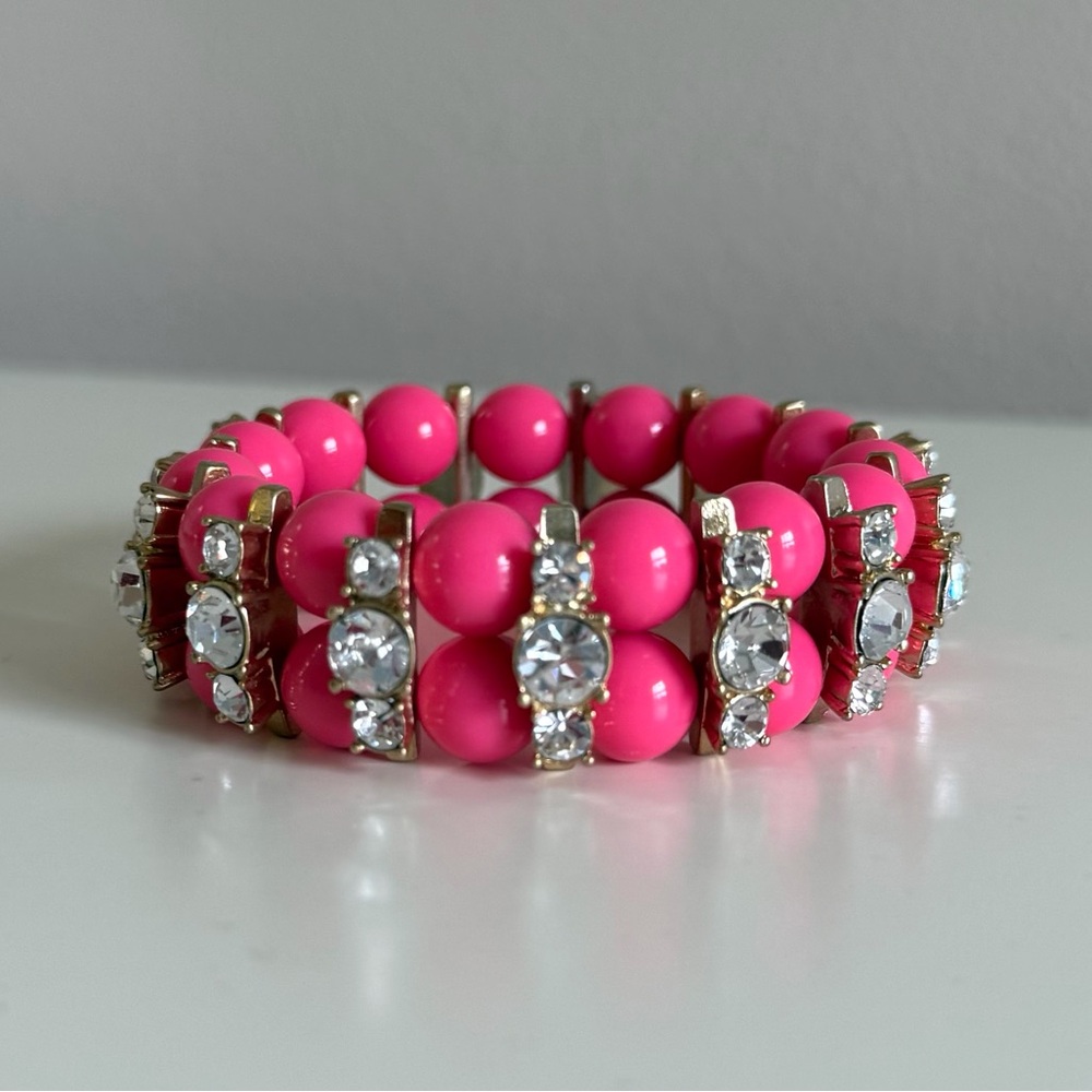 NWOT J.Crew Pink Beaded Stretch Bracelet with Crystal Accents